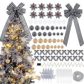 Lyrow 94 Pieces Buffalo Plaid Christmas Tree Decorations Set Buffalo Plaid Christmas Ball Ornaments Christmas Poinsettia Flowers Decorations Berries for Xmas Holiday Wedding Decor (Black,White)