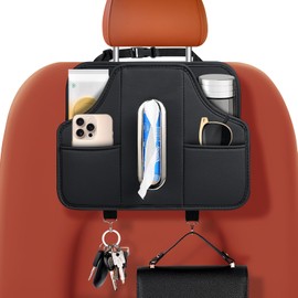 Large Car Tissue Holder, Car Back Seat Organiser for Kids, Premium PU Leather Auto Headrest Seat Back Storage with Cup Holder Hooks for 100-150 Regular Size Standard Tissue (Black)