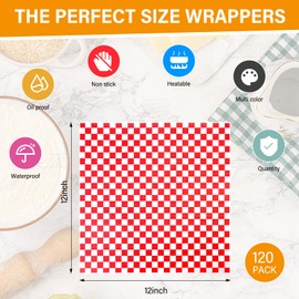 120Pcs Wax Paper Sheets for Food, 12x12 In Variety Pack Checkered Food Basket Liners, Grease Resistant Sandiwch Wrapping Paper, Festive Design Deli Paper Sheets For Party, Fair and Outdoors Kovpnor