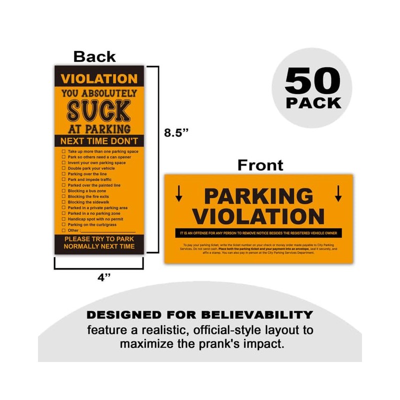 TENTADO Fake Parking Ticket Prank Notes, Realistic Design, 8.5x4 Inch,