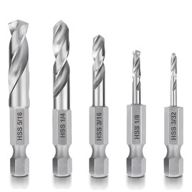 Teocpai 5Pcs 1/4'' Hex Shank Stubby Drill Bit Set for Metal, HSS M2 for Quick Change 3/32, 1/8, 3/16, 1/4, 5/16 Inch