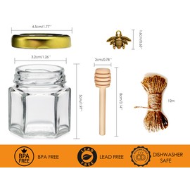 Adabocute Honey Pot, Mini Honey Jars with Dipper, Glass Honey Jars Baby Shower Favors, Party Favors & Wedding Favors, Gold Lid, Bee Pendants, Gold Organza Bags, 20 Pack 1.5oz