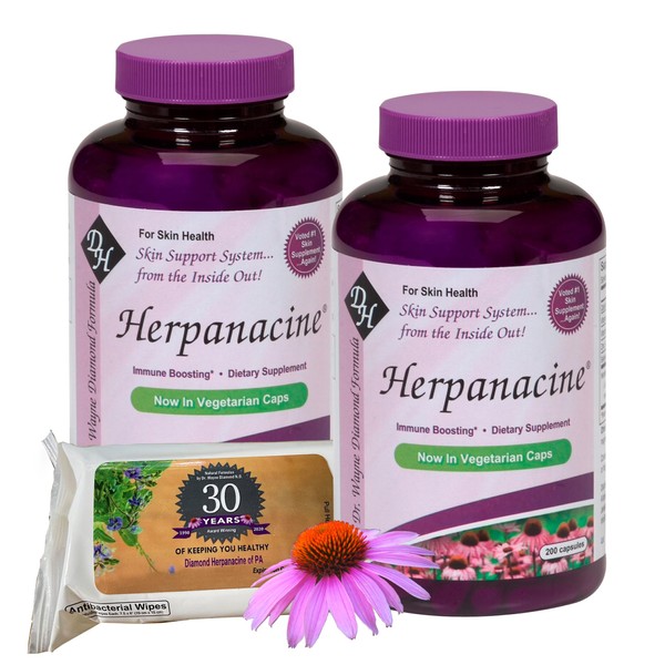 Herpanacine Natural Skin Care and Immune Support - Vitamins to Help Clear Skin - Skin and Immune System Support from Inside Out - Made with Natural Ingredients -200 Count (2 Pack) with Wipes