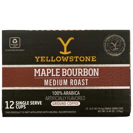 Yellowstone Maple Bourbon Medium Roast Coffee, Single Serve Recyclable Pods/Cups, 100% Arabica Beans, 12 Count
