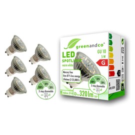 greenandco® CRI 90+ Step dimmable LED spot Replaces 39W GU10 Halogen Spotlight, 5W 320 lm 3000K Warm White 110° 230V, no Flicker, dimmable Without dimmer, 5-Pack
