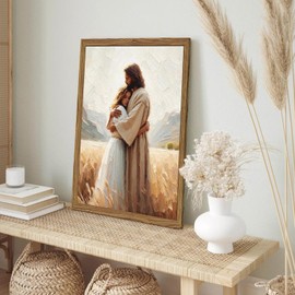Framed 3D Textured Christian Wall Art - Jesus Embracing Woman Wall Decor Paintings, Hand-Drawn Sandstone Pictures Prints Religious Home Decor for Living Room Church Prayer Room Bedroom 12x16 inch