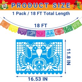18 FT Cinco De Mayo Party Decorations, 1 Pack Fiesta Banner with 9 Plastic Papel Picado, Colorful Mexican Theme Party Flag Banner Dia De Los Muertos Day of the Dead Hanging Decor Home Party Supplies