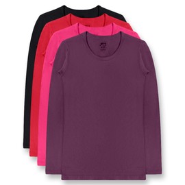 Brix Girls' Long Sleeve Tees - 100% Cotton Tagless 4 -Pack Crew Neck Super Soft Cotton T Shirts. (US, Age, 7 Years, 8 Years, Purple, Black, Red, Fuschia Pink)
