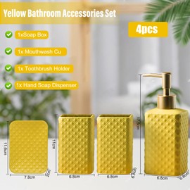 Jessie Bathroom Accessories Set, 3 or 4-Piece Ceramic Bathroom Accessory Set,Soap Dispenser,Toothbrush Holders Set,Tumbler,Soap Dish Embossed Matte Bathroom for Modern Bathrooms (Yellow 4-Piece Suit)