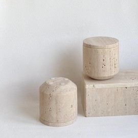 StonePlus Natural Marble Hole Stone Cosmetic Cotton Swab Sundry Small Tank Storage Box Jar with Lid (Yellow Travertine)