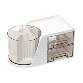 WITERY Desktop Organiser with 360 Rotating Pen Holder and 2 Drawers Stationery Cosmetic Brushes Storage for Home Office and School (White)