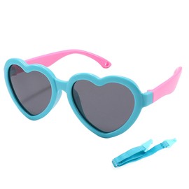 Kursan Kids Heart Shaped Polarized Sunglasses for Girls Boys, Flexible TPEE Rubber Frame Suitable for Children Age 3-8(Light Blue&Pink)