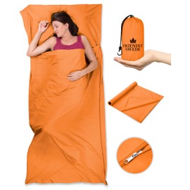 The Friendly Swede Sleeping Bag Liner - Cold Weather Camping Sheets & Adult Sleep Sack with Full Length Zipper; Microfiber Cotton Feel Soft Sheets with Stuff Sack - Orange (Zipper)