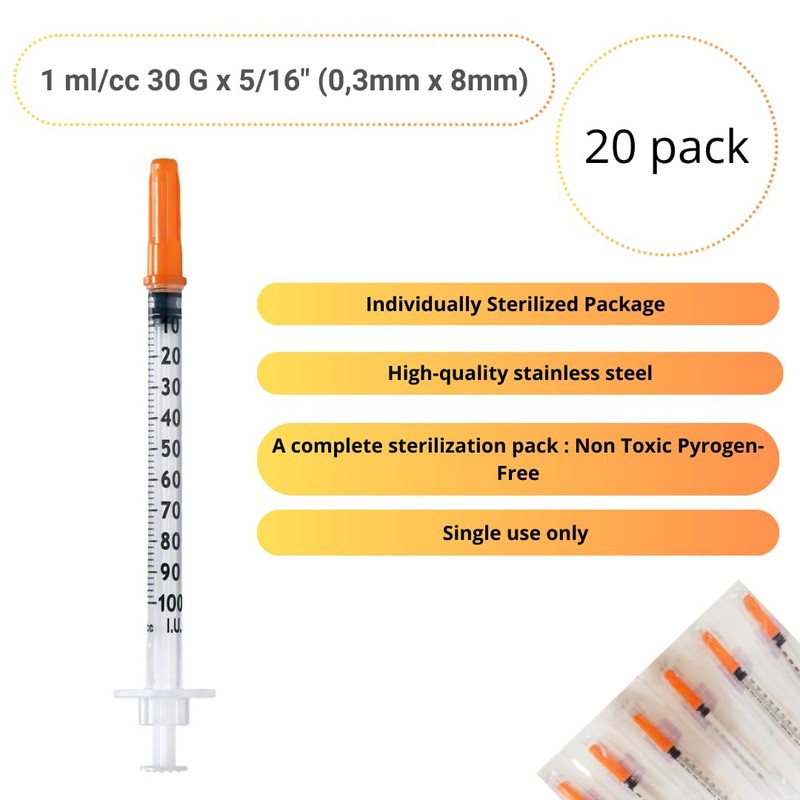 Pack of 20pcs 1ml/cc 30G 5/16" (8 mm) Plastic Tube,