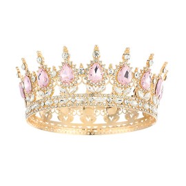 PTORIZNY Crystal Wedding Tiara Baroque Queen Crown Gold Royal Queen Crown Bride Rhinestone Crown Crystal Bridal Hair Accessories Princess Crowns Birthday Crown for Women and Girls (Pink)