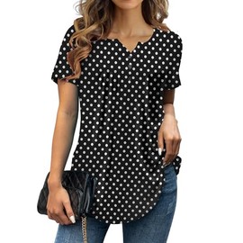 a.Jesdani Womens Plus Size Tops Tunic Short Sleeve Henley V Neck Shirts Casual Soft Blouse Black Polka Dot 3X