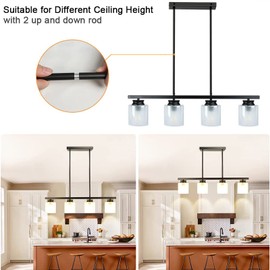 DLLT Kitchen Island Pendant Light Fixture, 4 Lights Metal Farmhouse Chandeliers, Vintage Flush Mount Ceiling Hanging Lighting with Glass Shade for Dining Room, Foyer, Restaurant, Bar, E26 Base