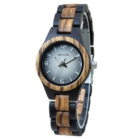 Wooden Watch for Women Natural Wood Round Analog Quartz Watches with Gradient Brown Dial Extra Links