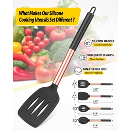 Pack of 4 Silicone Cooking Utensils Set, Non Stick Large Solid Spatulas, Heat Resistant Rose Gold Black Slotted Spoons, Ideal BPA Free Kitchen Turners for Frying, Mixing,Serving,Draining,Turning