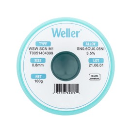 Weller WSW SCN M1 (T0051404399) Lead Free Solder Wire, Dia: 0.8 mm / 0.039 in, Wt: 100 g / 3.527 oz, Alloy Sn99.3Cu0.6Ni0.05, Flux content 3.5%