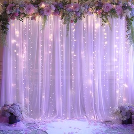 10x10ft Lavender Backdrop Curtains with Lights Wrinkle Free Chiffon Backdrop Curtain for Wedding Birthday Party Baby Shower Photo Shoot Bridal Shower Home Party Background Decorations