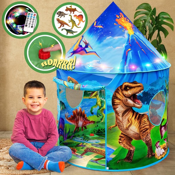 W&O Dino Paradise Play Tent with Roar Button, Dinosaur Toys and LED Lights - Epic Dinosaur Tent - Kids Tent Indoor & Outdoor - Tent for Kids - Kids Play Tent - Pop Up Tents for Kids - Kid Tent Indoor