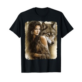 Woman and Gray Wolf Fantasy Art Painting T-Shirt