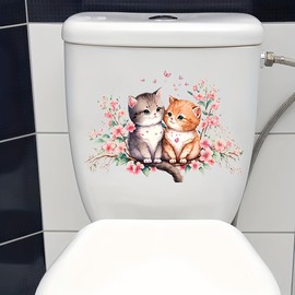 DIDOSOFT Peach Blossom Cats Toilet Cover Sticker Decals,Flower leaf bird Waterproof Toilet Lid Tank Seat Decals Cistern Self-Adhesive Bathroom Wall Sticker