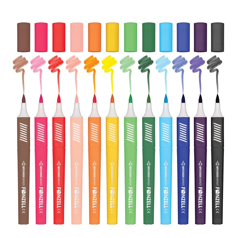 Fonzell Super Brush Marker - 12 Colours, Flexible Brush Tips,
