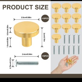 NGUIT 10Pcs Gold Cabinet Knobs Round Brass Single Hole Handles Small Pull Door Knobs with Screws Easy Installation Decorative Hardware for Home Office Drawers, Wardrobes, Cupboards Doors (20mm*25mm)