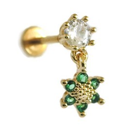 Single Piece Sterling Silver Sunflower 18 Gauge Flat Back Labret Cubic Zirconia Gemstone Dangle Stud Earring Hand Made In USA (Emerald, Real 18K Gold Plated)