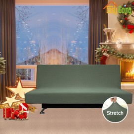 Easy-Going Stretch Sofa Slipcover Armless Sofa Cover Furniture Protector Without Armrests Slipcover Soft with Elastic Bottom for Kids Spandex Jacquard Fabric Small Checks(Futon,Greyish Green)