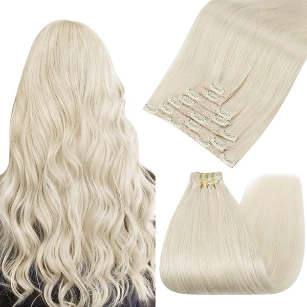 Ugeat Clip-In Real Hair Extensions White Blonde Hair Extensions Clip-In #60a Blonde Clip-In Extensions Real Hair Double Weft Hair Extensions 45 cm 120 g