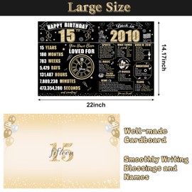 Turypaty Large 15th Birthday Card With Envelope for Boys Girls, 2010 Black Gold Happy 15th Birthday Giant Guest Signature Book Gifts, Big Vintage 2010 15 Greeting Card Decoration Party Supplies