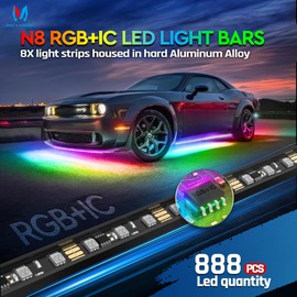 MICTUNING N8 RGB+IC Underglow LED Lighting Kit for Truck with Remote & Key Fob Dual Control, Exterior Neon Accent Underbody Strip, Multicolor Mode, Waterproof, Aluminum Casing