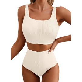 Herseas Women's Beige Bikini Sets Scrunch Square Neck Swim Suits 2025 High Waisted Modest Textured Bathing Suits Medium