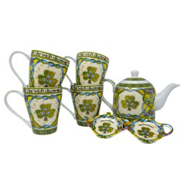 Royal Tara Traditional Irish Shamrock Tea Set of New Bone China Teapot & 4 Cups & 2 Teabag Holders Packed in Irish Weave Box