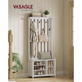 VASAGLE Hall Tree with Bench and Shoe Storage, Coat Rack with Shoe Bench, 7 Double Hooks for Jackets, Hats, Entryway, Bedroom, Living Room, 13.8 x 31.9 x 70.9 Inches, Rustic White UHSR414W01