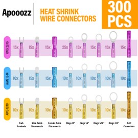 Apooozz 300 PCS Heat Shrink Wire Connectors Kit - Insulated Rings Forks Spade Butt Splices- Wiring Connector Assortment - Ideal for Light-Duty Electrical Projects, Home DIY & Hobby Applications