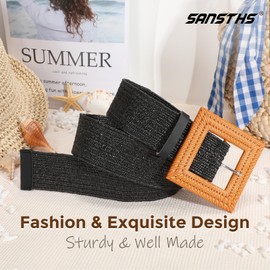 SANSTHS Womens Wide Elastic Belt, Boho Straw Braided Belt for Dresses Jeans Coats with Square Buckle, Black L