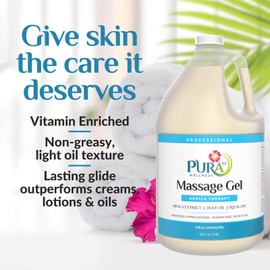 PURA 1ST Professional Arnica Therapy Massage Gel, Olive Oil, Arnica Extract, Unscented, Hypoallergenic, Natural, Skin Moisturizing and Hydrating, Deep Tissue, Wellness, Physical Therapy, 128oz Bottle