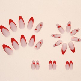 Valentine's Day Press on Nails Medium Almond Fake Nails with Heart Lines Designs Red French Tip Nails Press ons Matte Glue on Nails Cute Acrylic Nails Artificial Stick on Nails for Women 24Pcs