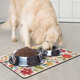 Dog Food Mats for Floors, Absorbent and Quick-Drying Pet Cat Food Mat,Anti-Fouling and Easy-to-Clean Pet Feeding Mat,Dog Bowl Mat for Messy Drinking Water Bowls.12 x20,Floral White