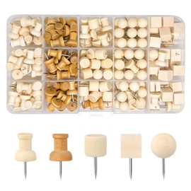 Pack of 200 Push Pins for Bulletin Board Cork Needles, 5 Shapes Bulletin Board Pins, Thumbtacks, World Map Drawing Pins for Cork Wall, Cork Board, Wooden Push Pins for Home School Office