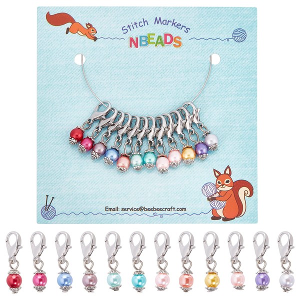 NBEADS 12 Pcs Glass Pearl Stitch Markers, Alloy Enamel Crochet