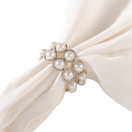 SARO LIFESTYLE NR224.I Faux Pearl Beaded Design Napkin Ring - Set of 4, Ivory, 2.5" x 3.5"