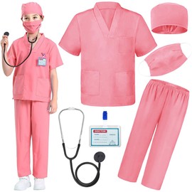 Doctor Nurse Scrubs, Kids Role Play Doctor Costume With Realistic Accessories for Boys Girls Ages 3-12(Doctor Scrubs, Pink/5-7T)