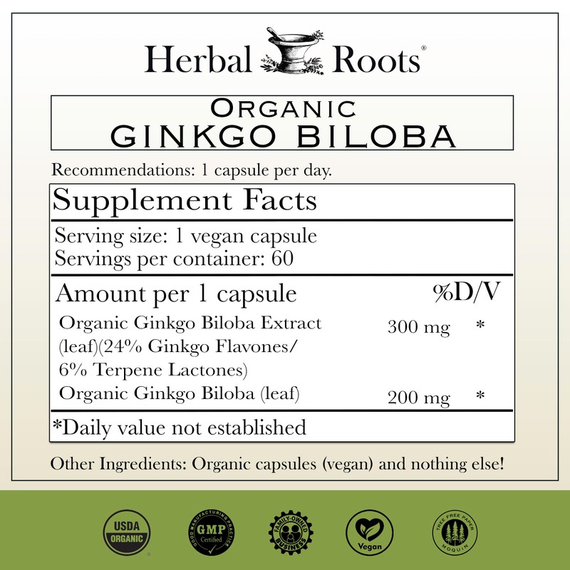 Herbal Roots Organic Ginkgo Biloba Made with Pure Organic Ginkgo