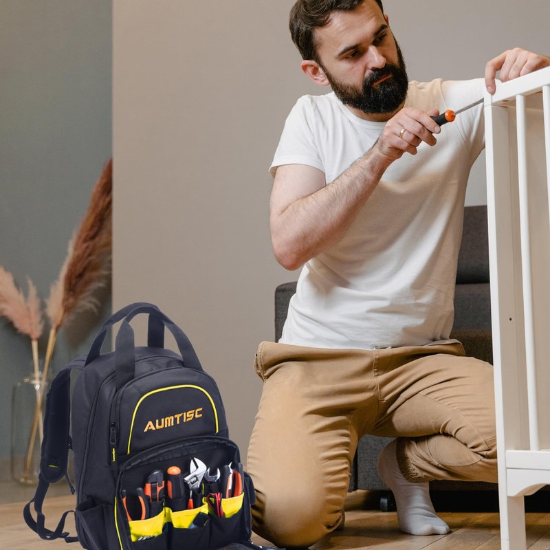AUMTISC Tool Bag Backpack for Men, Heavy-Duty Tools Storage Organizer