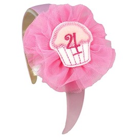 4 Year Old Birthday Gift Girls Arch Headband with Monogrammed Cupcake and Tulle Flower (Light Pink)